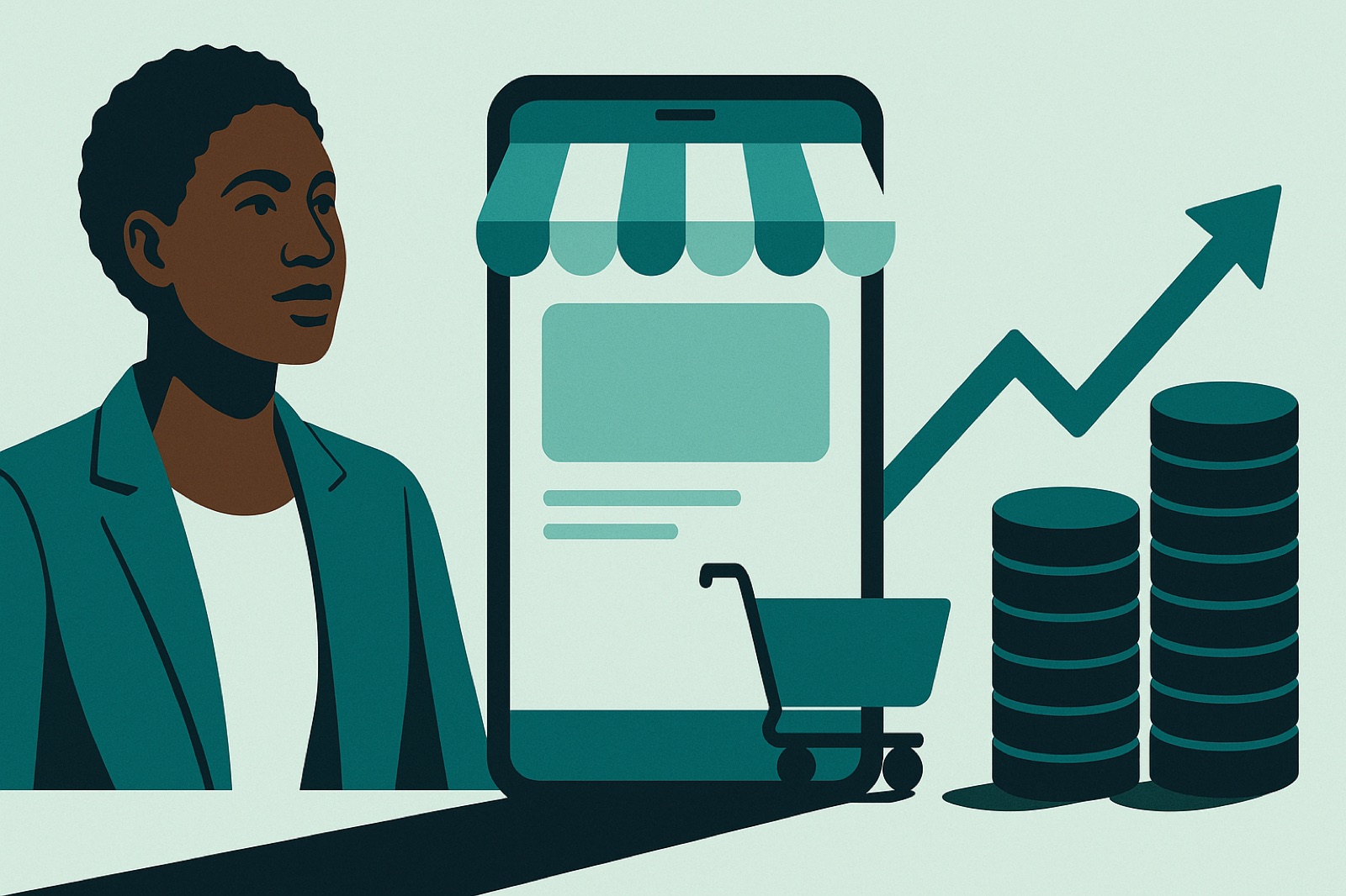 Flat editorial illustration of an online storefront on a smartphone with a shopping cart, stacked coins and an upward growth arrow, representing e-commerce profit growth