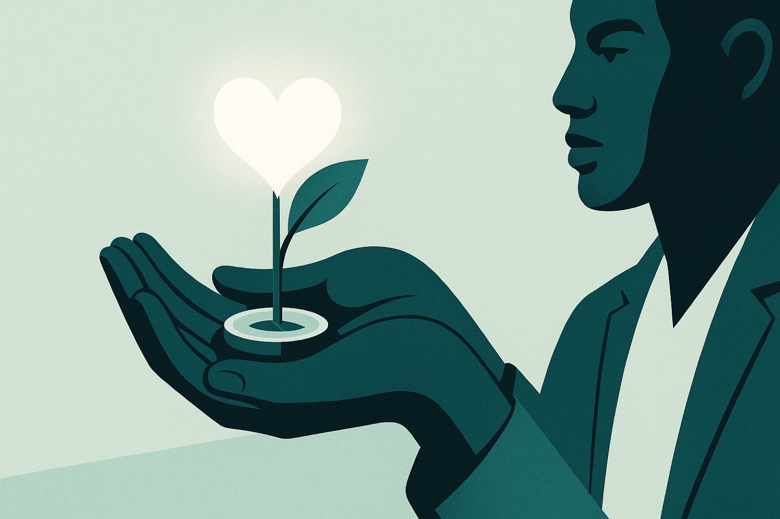 Cupped hands holding a sprouting plant with a glowing heart-shaped leaf growing from a coin, symbolising emotional return on investment
