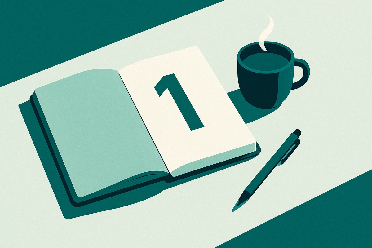 A calm founder with one clear number written in a notebook, quiet focus and clarity